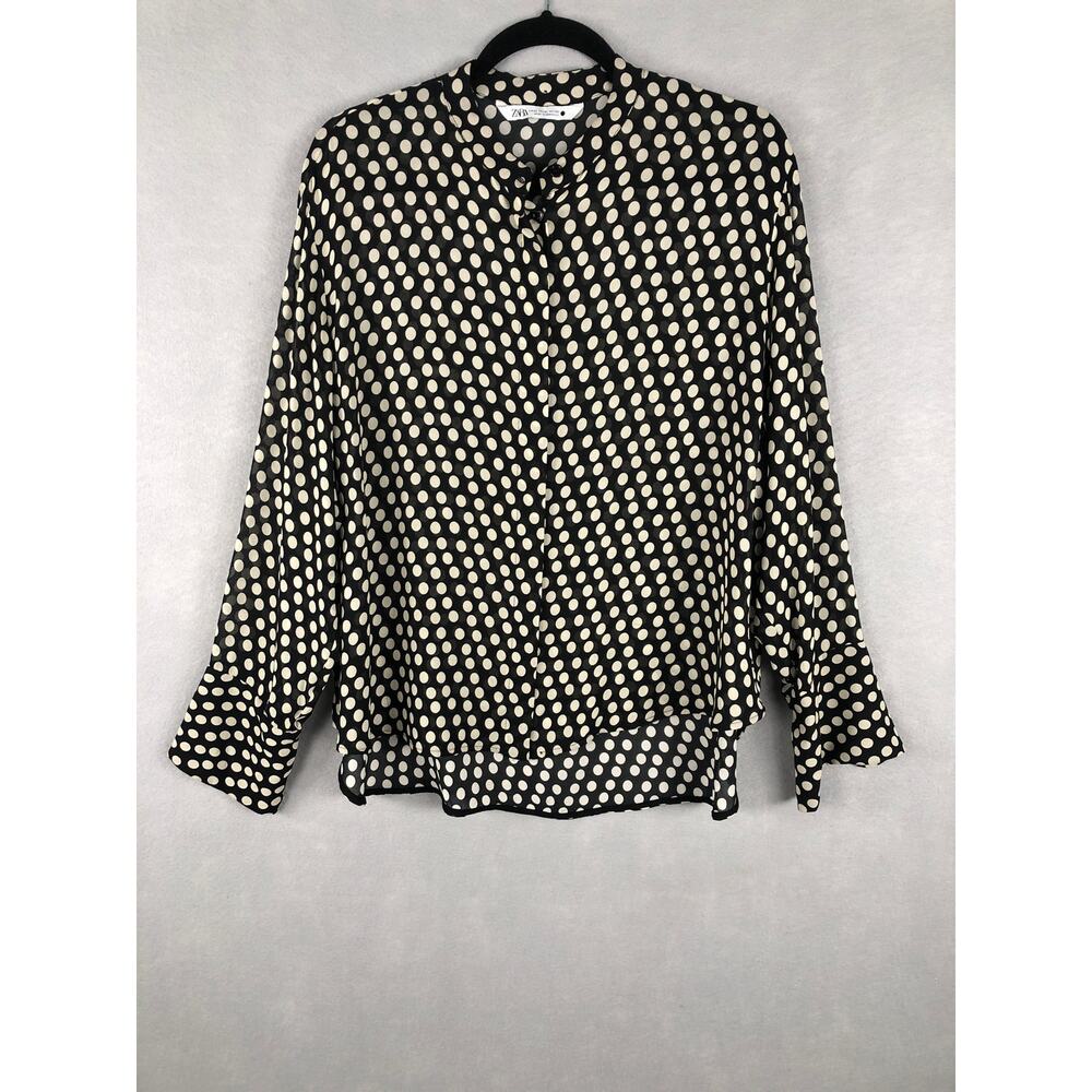 Zara Sheer Top Women's Size XL Polka Dot Black and Tan